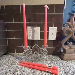 VTG Elegant Salmon colored Taper Candles and VTG Crystal Candelabra